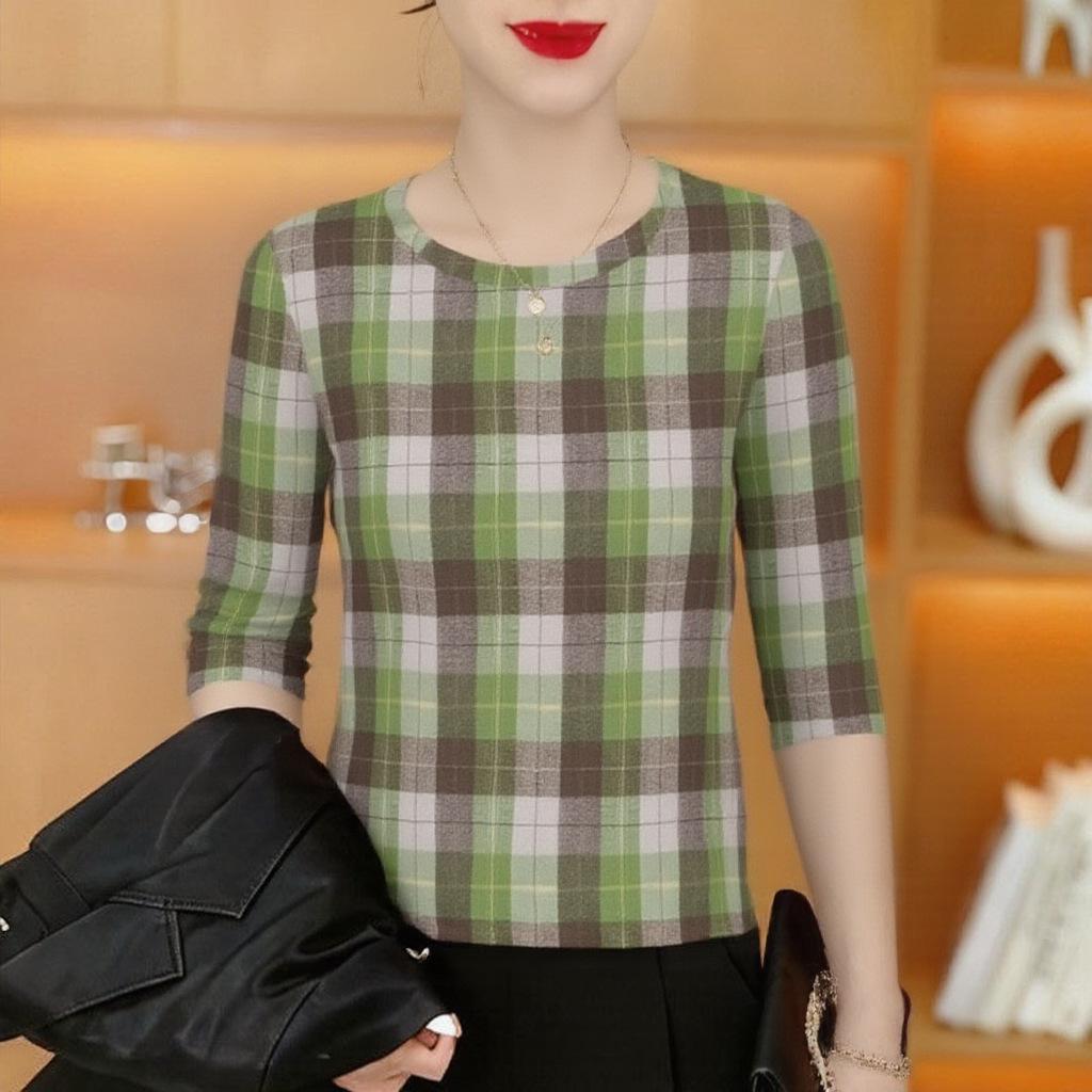 

2026 Spring Plaid Long-Sleeve T-Shirt for Women: Flattering, Age-Defying, Tummy-Concealing Top for Middle-Aged and Elderly Moms 2XL