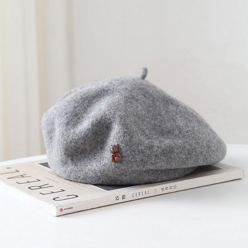 Winter Hats Woman Wool Beret Cartoon Bear Retro Painter Cap Women Octagonal Beanie