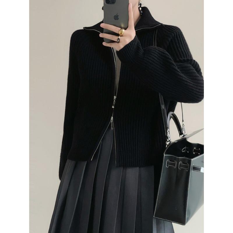 Lapel Double Zipper Sweater Jacket for Women's Autumn and Winter New Gentle Wind Soft Waxy Stand-up Neck Knitted Cardigan Top for Women