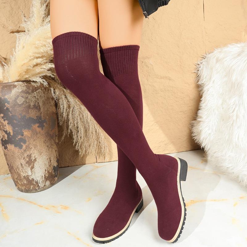 

Fall/Winter New Over-the-Knee Boots Women s Round Toe Sleeve Knit Breathable Block Heel Platform Stretch Skinny Boots 35 вино красного
