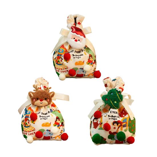 Christmas Drawstring Gift Bags 3D Fabric Wrapping Gift Bags Reusable Xmas Candy Bags with Handle