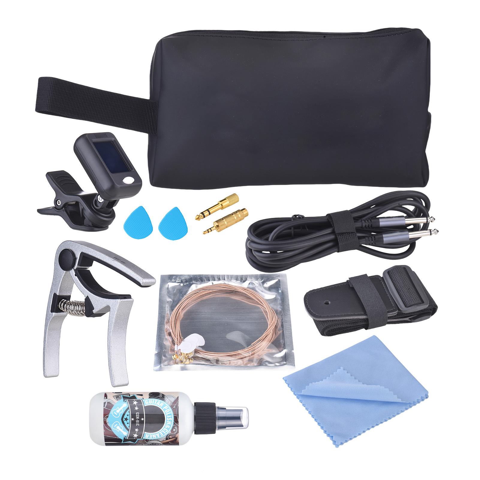 

Набор гитарных аксессуаров GUITTO, включая гитарные струны, тюнер, средство для чистки, гитарный каподастр, гитарные медиаторы, аудио