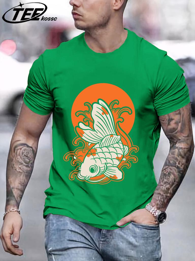 Japanese Harajuku Sunset Koi Men T Shirts Casual Hip Hop Tops Multicolor Cotton TShirt Summer Loose Male Crewneck Short Sleeve