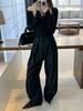 Lu Sheng Unisex Black Striped Wide-Leg Trousers with 3D Slimming, American Style, Drape Silhouette