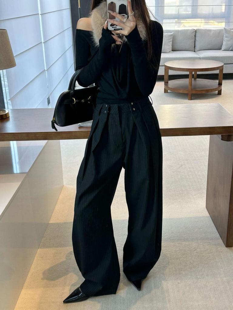 Lu Sheng Unisex Black Striped Wide-Leg Trousers with 3D Slimming, American Style, Drape Silhouette