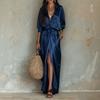 Women's Satin V-Neck Blouse and Side Split Skirt Set with Pocket for Casual Everyday Wear