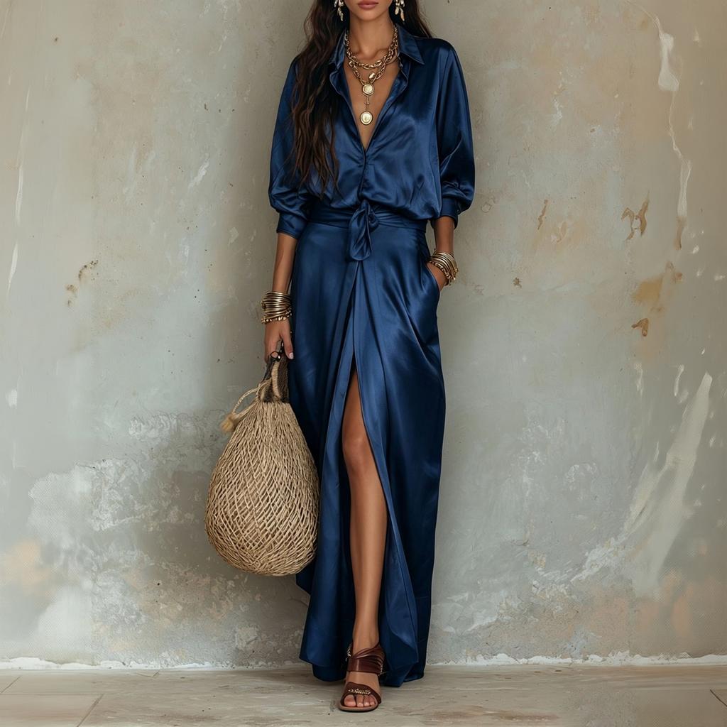 Women's Satin V-Neck Blouse and Side Split Skirt Set with Pocket for Casual Everyday Wear