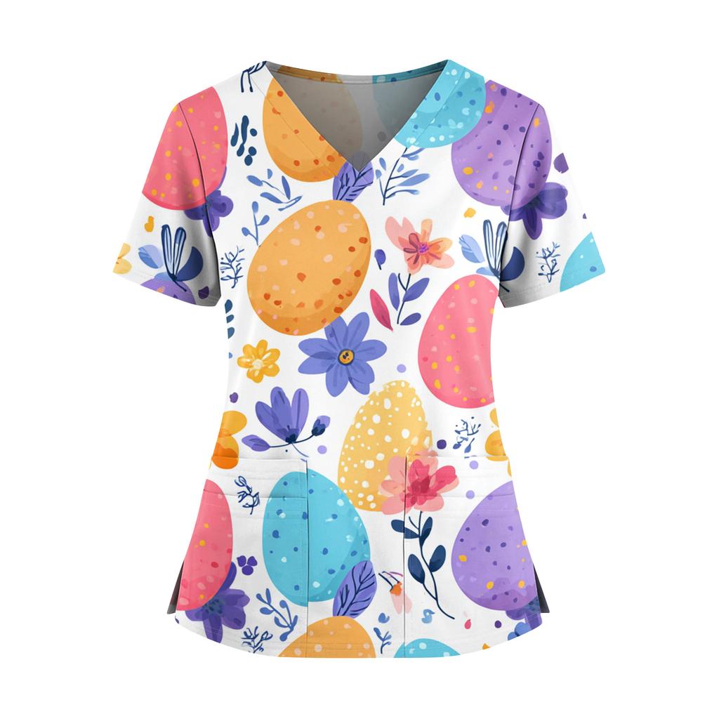 Damen Osterdruck V-Ausschnitt Doppeltasche Kurzarm Uniform Top mit geschlitztem Saum