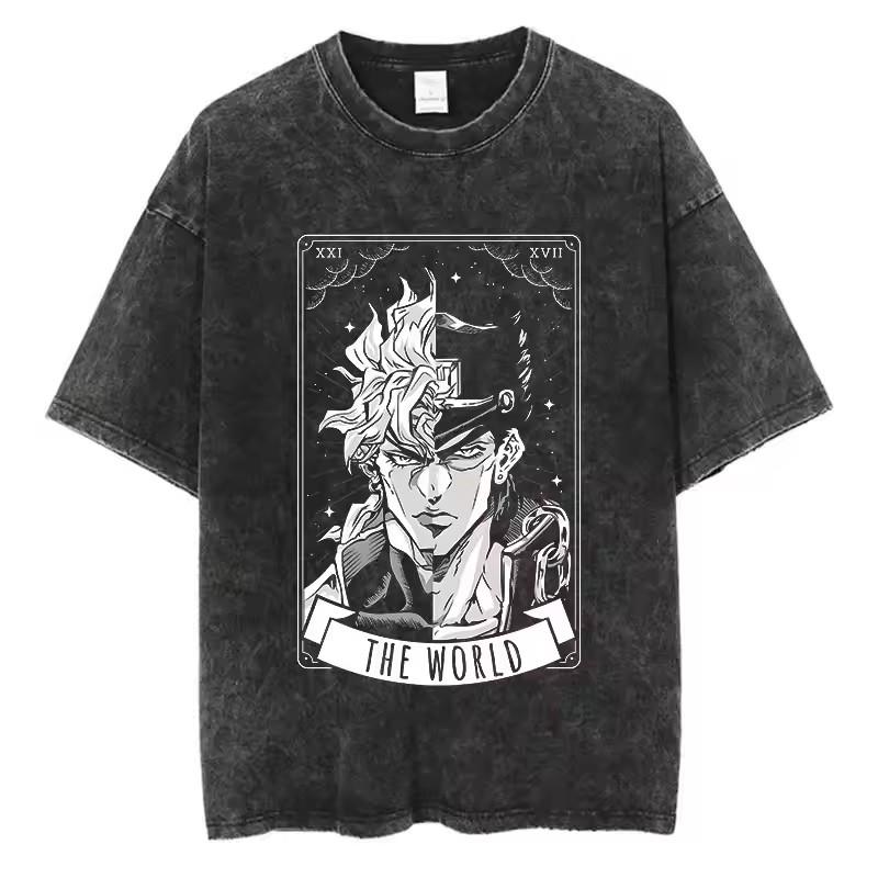Vintage Washed TShirt Men Summer Streetwear T-shirt JoJo Bizarre Adventure Anime High Quality Cotton Casual Short Sleeve Tshirt