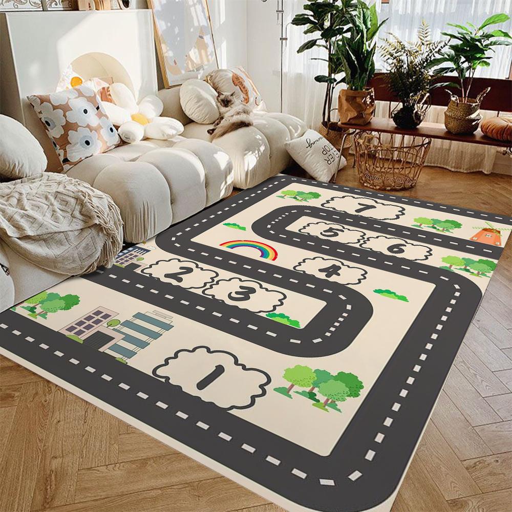 Kids Playroom Rug Gray Road & Hopscotch Design, Non-Slip Carpet Bedroom Living Room Bathroom Dormitories Floor Mat