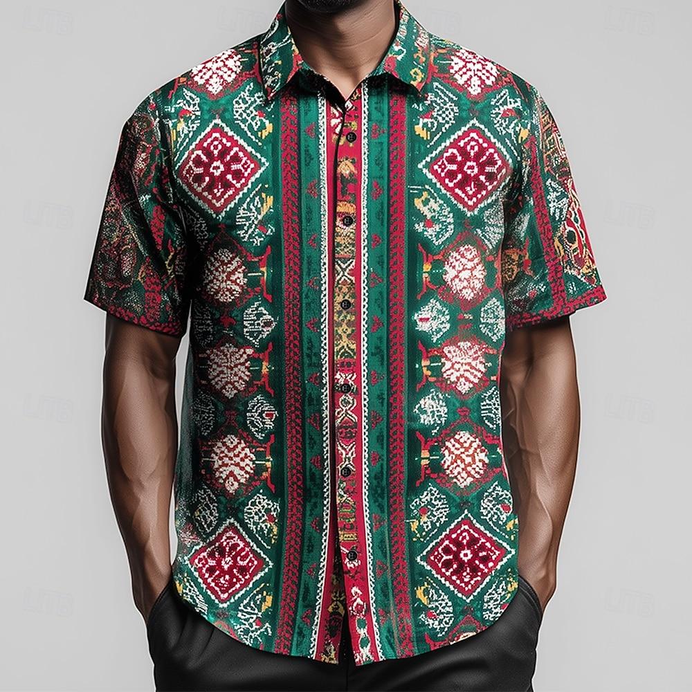 Men s Turndown Collared Print Shirt Geometric Pattern Mexico Soccer Short Sleeve Button Up White Green Casual Streetwear Summer S
