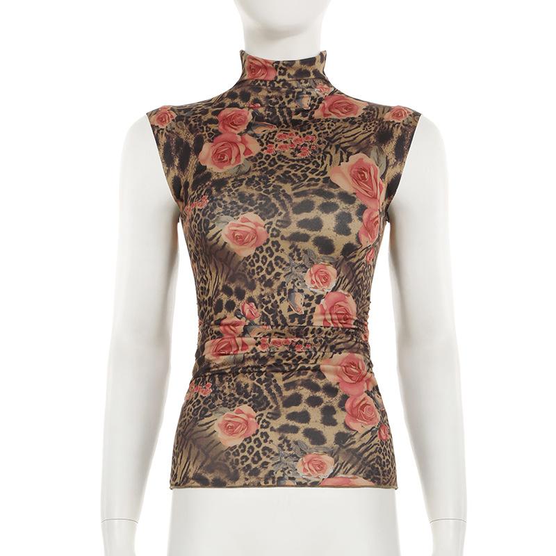 Women's Vintage Floral Print High Neck Sleeveless Spice Girls Street Clashing Colour Niche Pleated Waist Slimming Tank Top