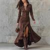 Women's Turn Down Collar Long Sleeve Maxi Dress Slim Fit Mid Waist Vintage Style Asymmetrical Dress