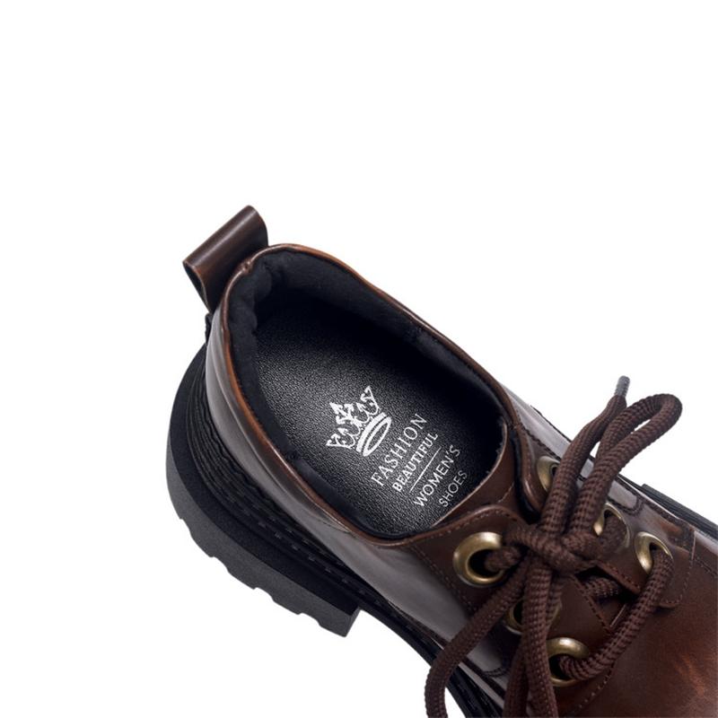 Fashion Women's new leather cowhide round toe high-heeled lace up college style single shoe with thick sole retro casual shoes