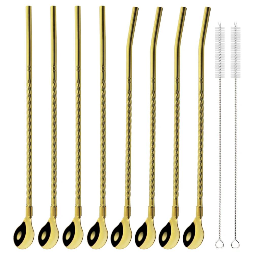 10Pcs/Set Straw Spoon Portable Black Tea Scoop Reusable Colored Stainless Steel Straws Colorful Dinnerware Set For Bar Party