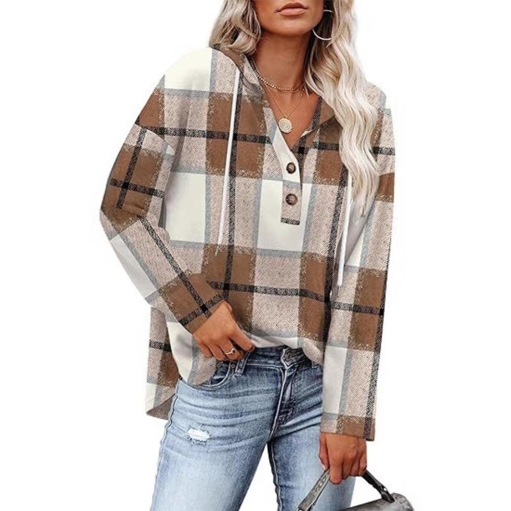 Women's V Neck Button Hooded Plaid Long Sleeve Pullover Sweatshirt, Europe America Fashion Casual Top for Crossborder