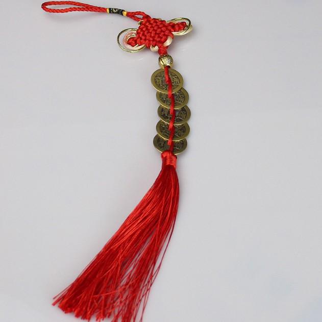 Copper Gourd Five Emperors Coins Chinese Knot Feng Shui Hanging Ornament for Car or Door.
