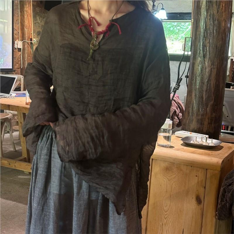 Johnature Woman Winter Niche Solid Color Casual Vintage T-Shirt Fashion V-Neck Casual Long Sleeves T-Shirt