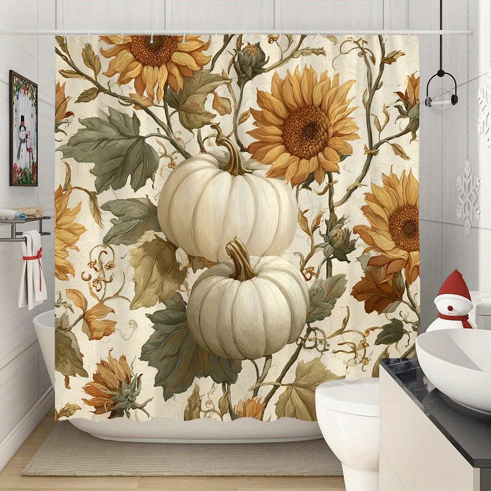 1Pc Extra Large Autumn Shower Curtain - Elegant Floral Bathroom Decor With Sunflowers, Pumpkins, Beige/Orange/White/ Green