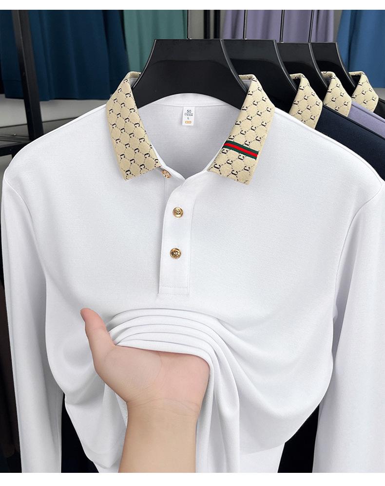 Men's Long-Sleeved Mulberry Silk Polo Shirt - Autumn Casual, Turn-Down Collar, Breathable Solid Color.