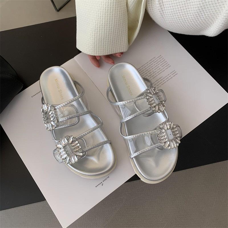 

New versatile casual one-word slippers women s summer wear square buckle rhinestone double belt thick-bottomed beach cool slippers 40 серебряный