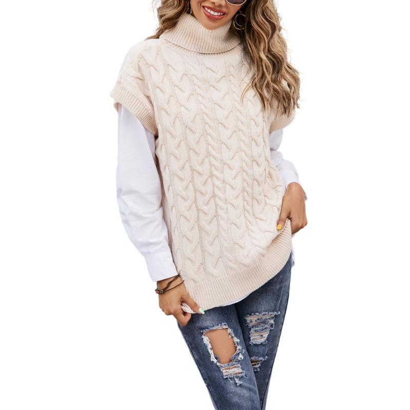 

Женский осенне-зимний свободный свитер без рукавов с пуговицами и веревочной вязкой, свитер с высоким воротом XL абрикосовый