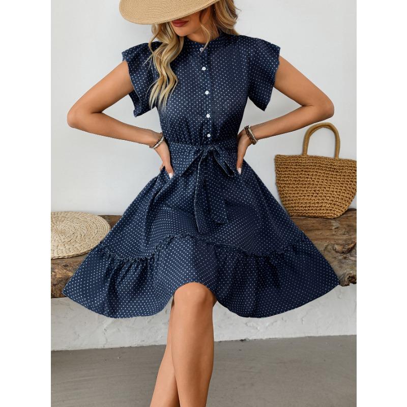 YYFS Women's Fashion Summer Spring Polka Dot Print Short Sleeve O-Neck High Waist Casual Dresses