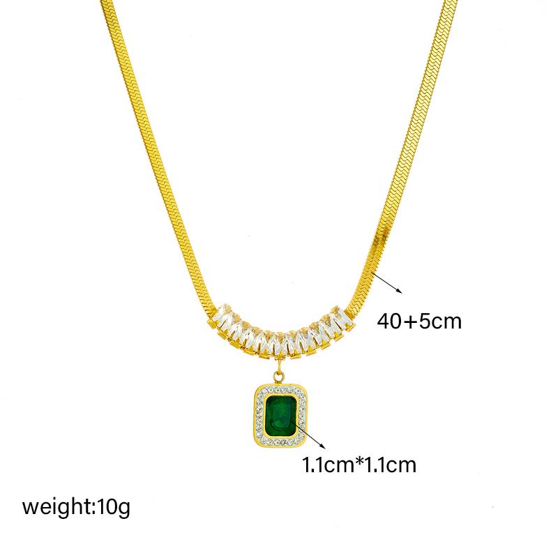 Stainless Steel Square Green Crystal Zircon Pendant Necklace Earrings Bracelet Jewelry Set for Women Gifts