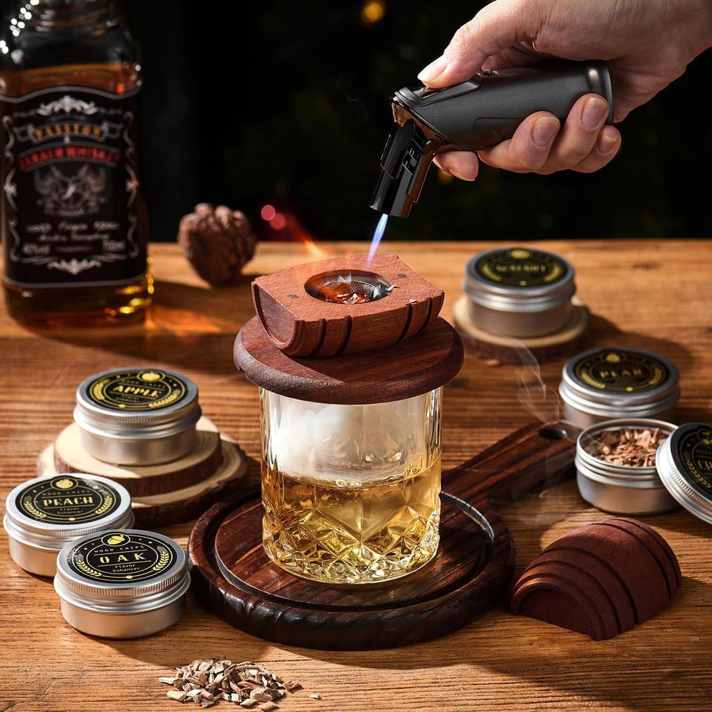 Wooden Whiskey & Wine Barrel Cocktail Smoker Set with Wood Chips