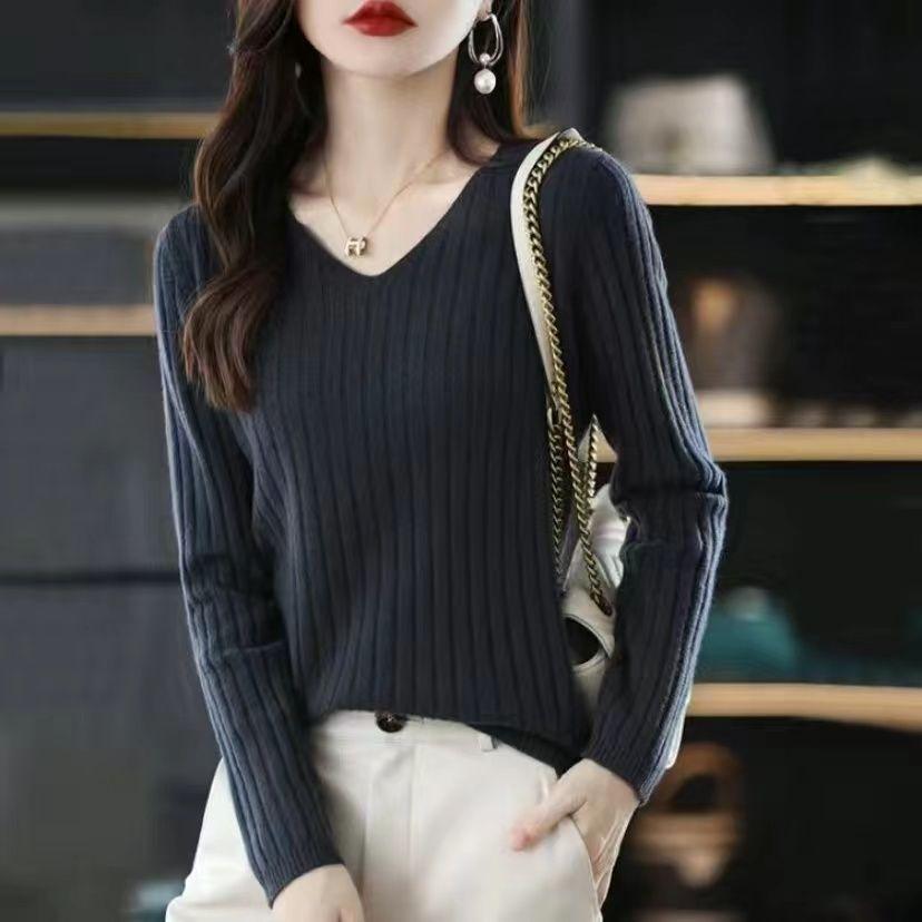 Maglione da Donna Girocollo a V Sottile Manica Lunga Primavera Autunno Sottogiacca Maglione Semplice ed Elegante Top Versatile