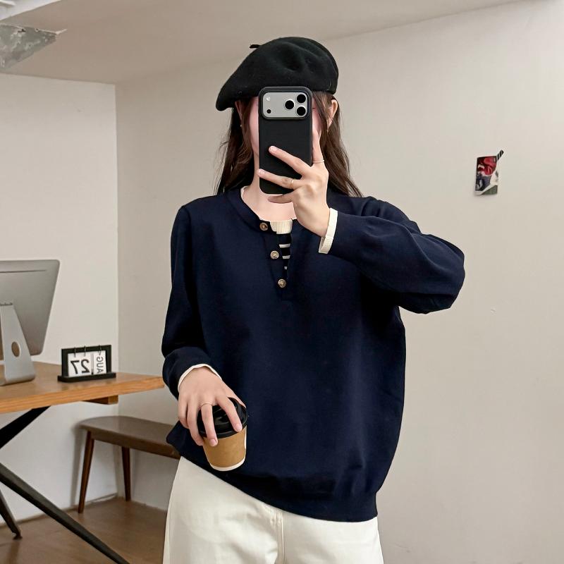Women S Plus Size Striped Spliced Fake Two Piece Knit Sweater For Autumn