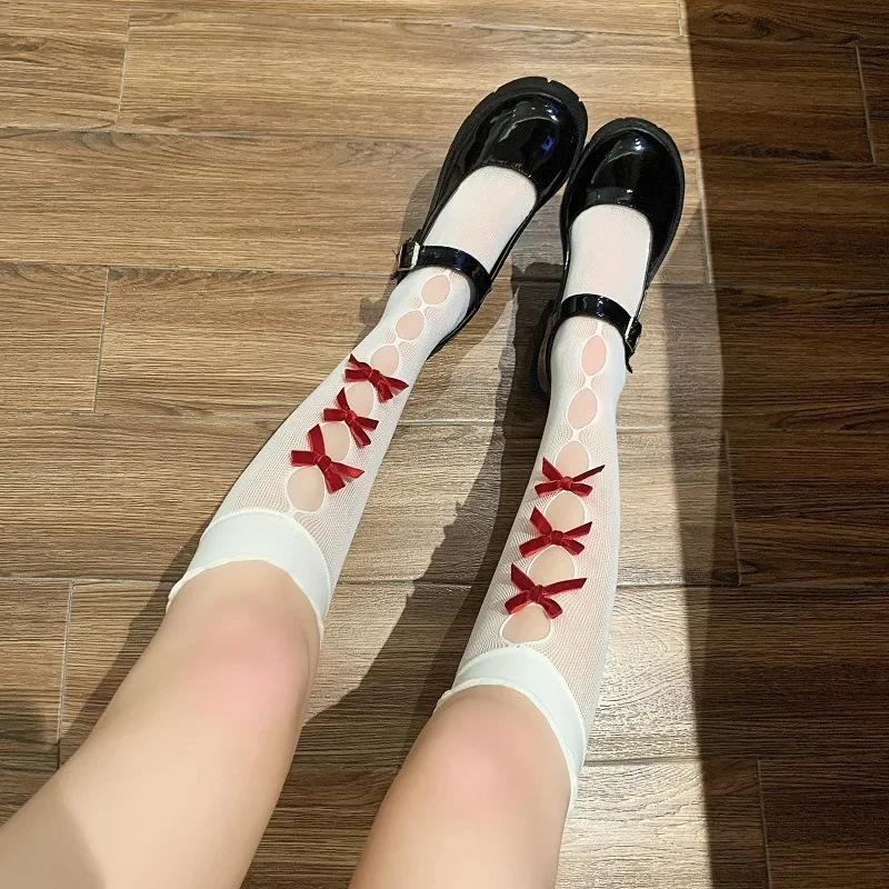 

Korean Lolita Girls White Black High Long Socks Japanese Style Velvet Bow Knee Sweet Kawaii Cute Mesh Fishnet Stockings One Size