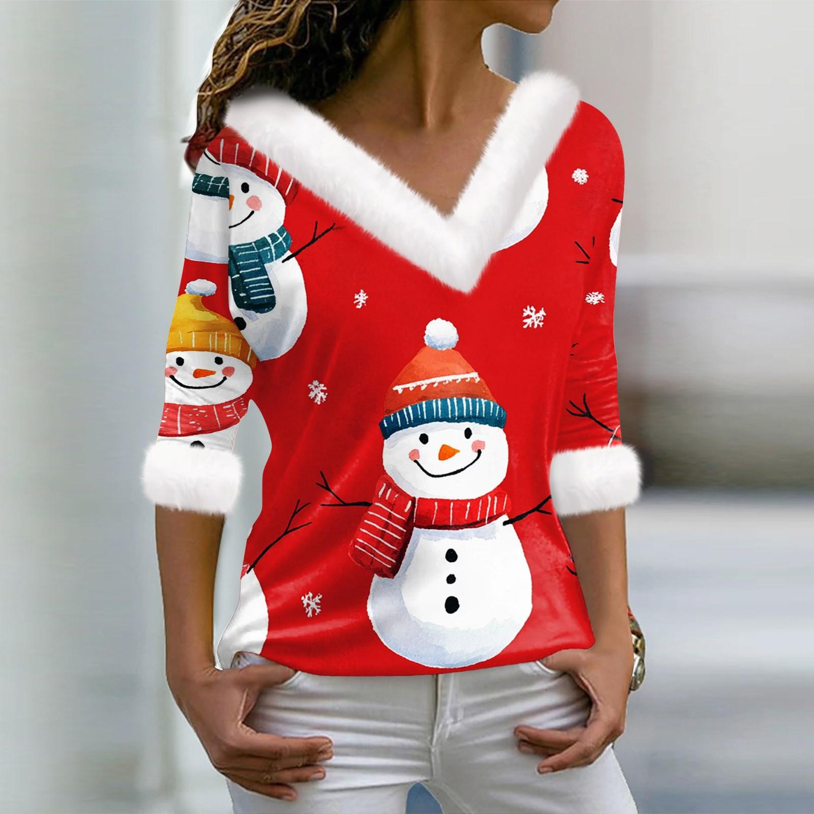 

Женская футболка с рождественским принтом, длинный рукав, флисовый воротник, V-образный вырез, футболка S