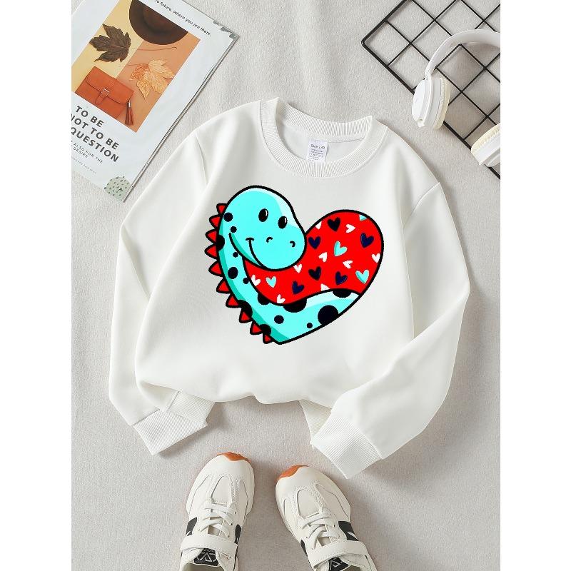 European sizes Girls' Soft Crewneck Sweatshirt with Heart Pattern Dinosaur Cartoon, Casual All-Match for Fall Winter, Ideal Present.