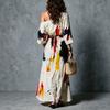 New Retro Off-the-shoulder Graffiti Print Split-ended Long Dress Europe and America