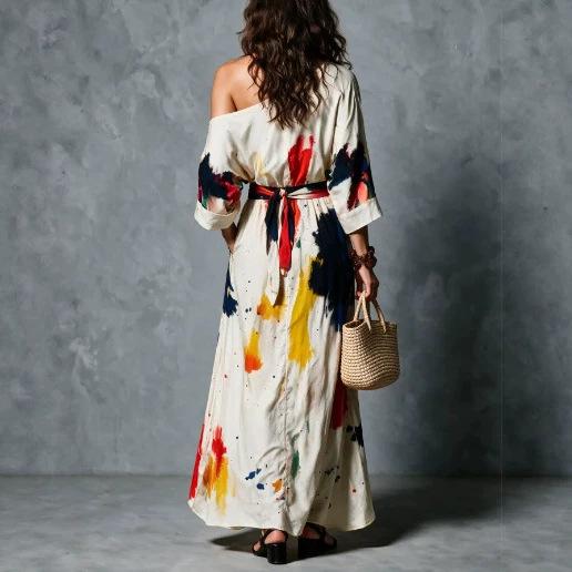 New Retro Off-the-shoulder Graffiti Print Split-ended Long Dress Europe and America
