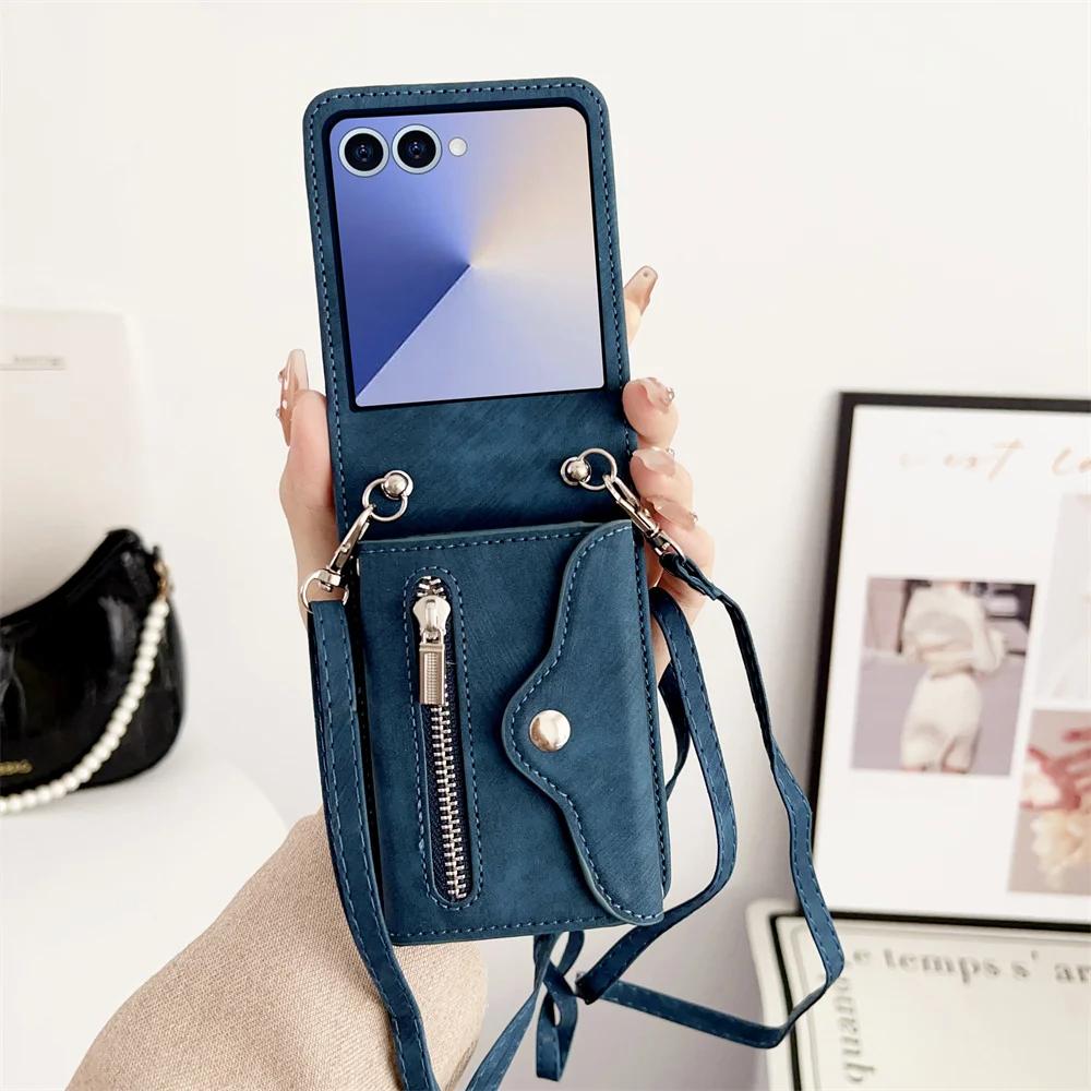 Leather Crossbody Zipper Wallet Phone Case for Samsung Galaxy Z Flip Card Holder Cover for Models 7 6 5 4 3 Flip7 FE Flip6 Flip5