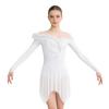 Womens Long Sleeve Bodysuit Dress Rhinestones Sheer Mesh Hem Buttoned Crotch Latin Dance Wear