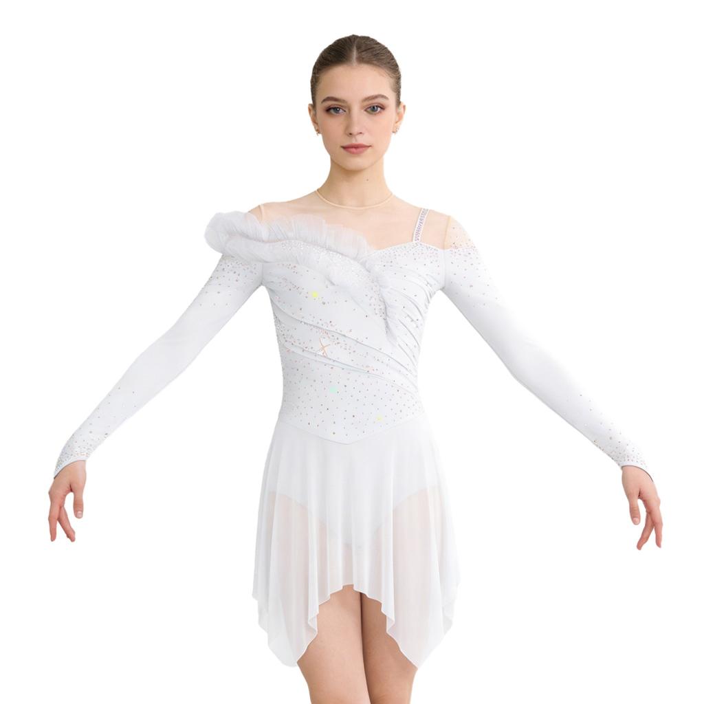 Womens Long Sleeve Bodysuit Dress Rhinestones Sheer Mesh Hem Buttoned Crotch Latin Dance Wear