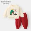 Kaka Panda Boys Christmas Set: Round Neck Sweatshirt & Fleece-Lined Pants for Baby Winter & New Year Outfits
