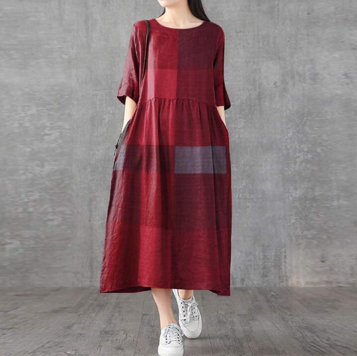 New Arrival: Cotton Plaid Mid-Length Loose Casual Dress