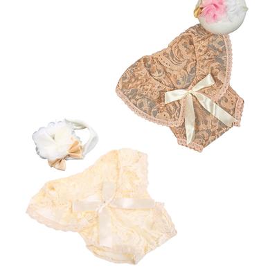 2 Pcs 0-1Month Newborn Photography Props Baby Cute Flower Hair Band Headdress Headband Lace Romper with Ribbon Bows Set