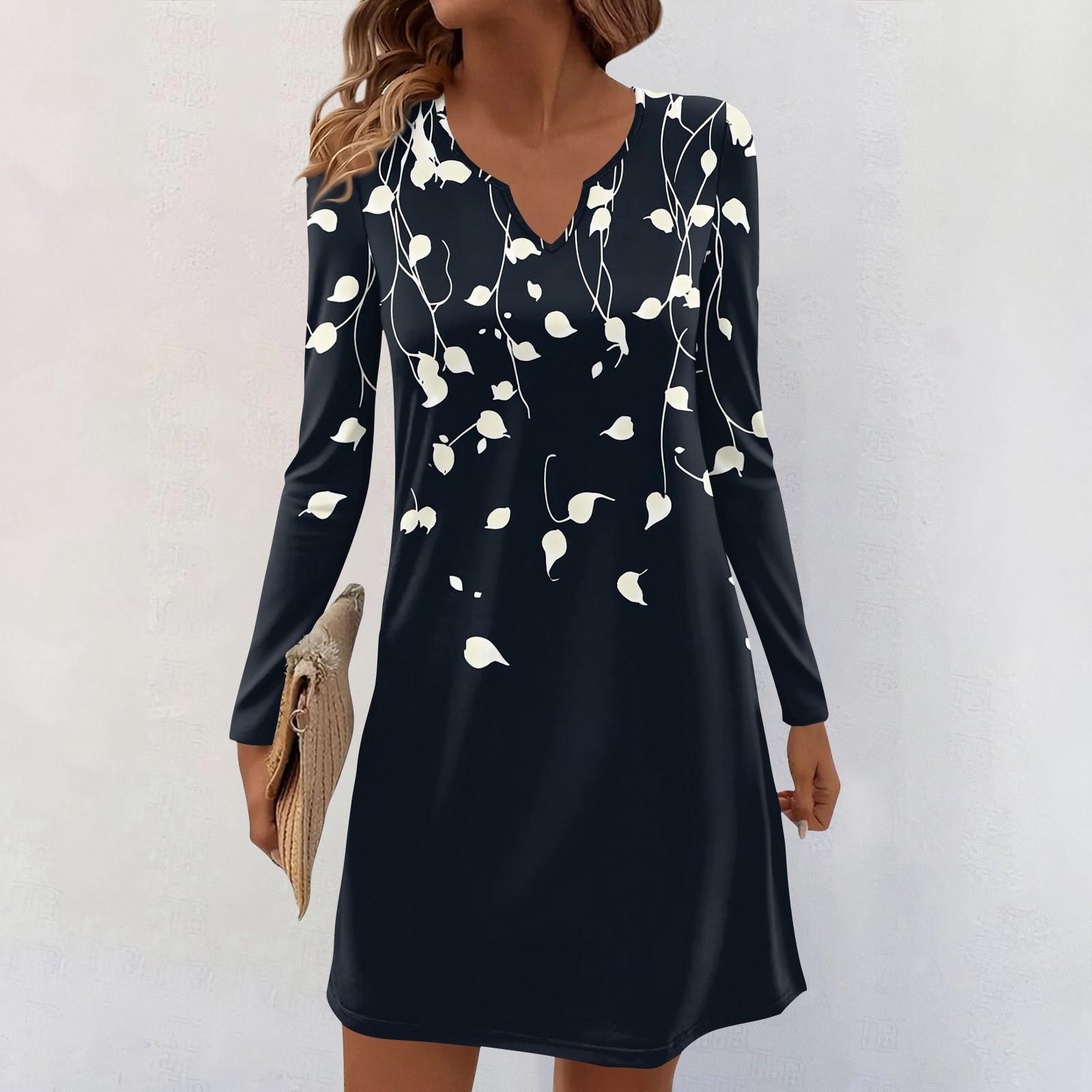 

Женские повседневные миди-платья с длинным рукавом, V-образным вырезом и принтом XXL тёмно-синий