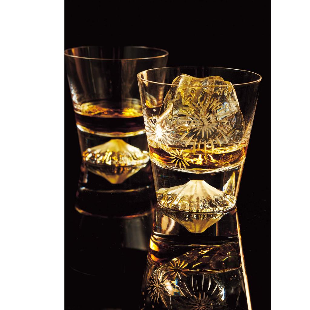 Tajima Glass Edo Glass Mt. Fuji Rocks Glass in Wooden Box (Moon and Fireworks)