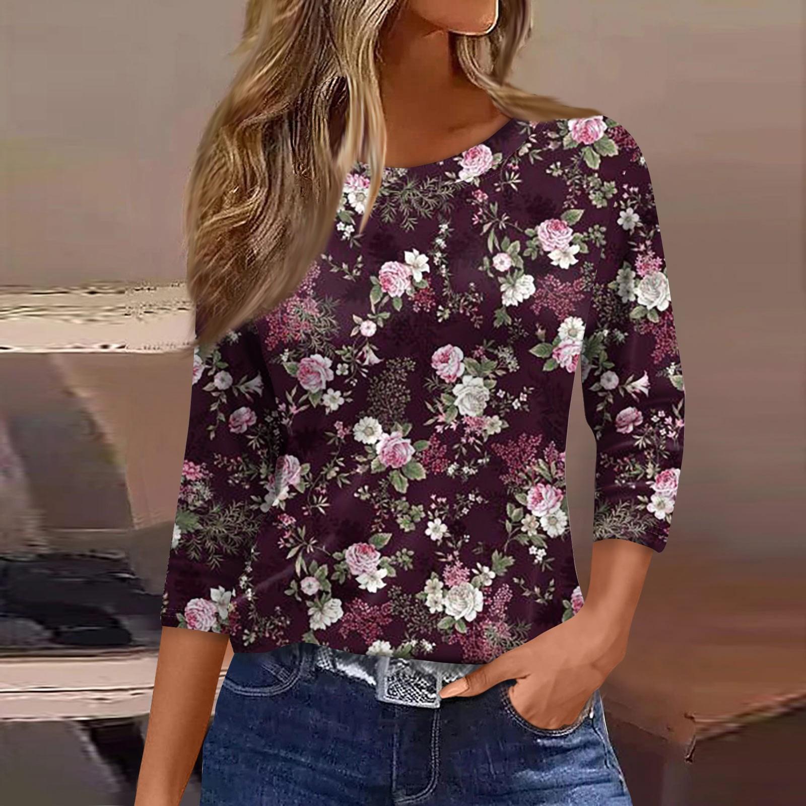 

Женские топы с рукавами 3/4, цветочный принт, винтажная мода, повседневные свободные рубашки с круглым вырезом больших размеров XL