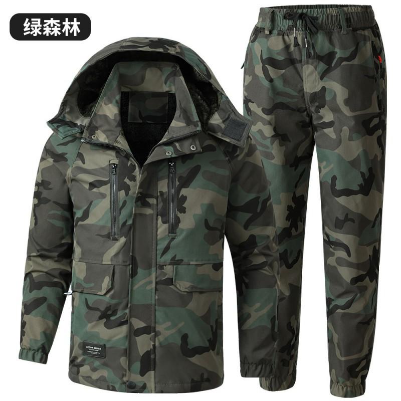 

Velvet Thick Camouflage Clothes Warm Suit Men s Detachable Hat Tooling Construction Site Water-proof Work 185 yards recommended 160-175 kg