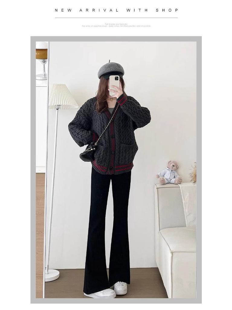 Women's Petite Black Slim-Fit High-Waisted Flared Pants for Spring/Autumn