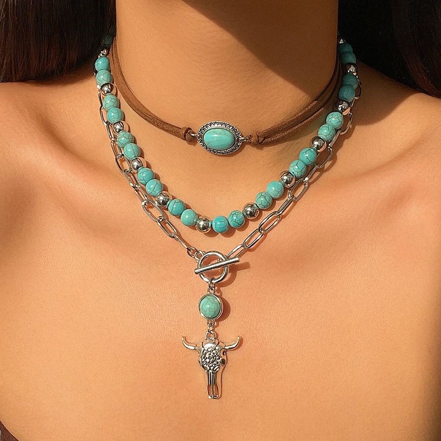 PuRui Oxhead Green Stone Women's Multi Layer Pendant Necklaces Ethnic Style Girls Necklaces Amulet Vintage Gifts Zircon New In