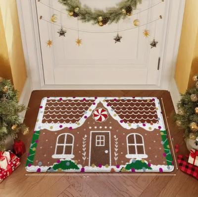 Gingerbread House Door Mat Shaped Christmas Themed with Cartoon Candy Decoration Pattern Entrance Door Mat Home Decoration
