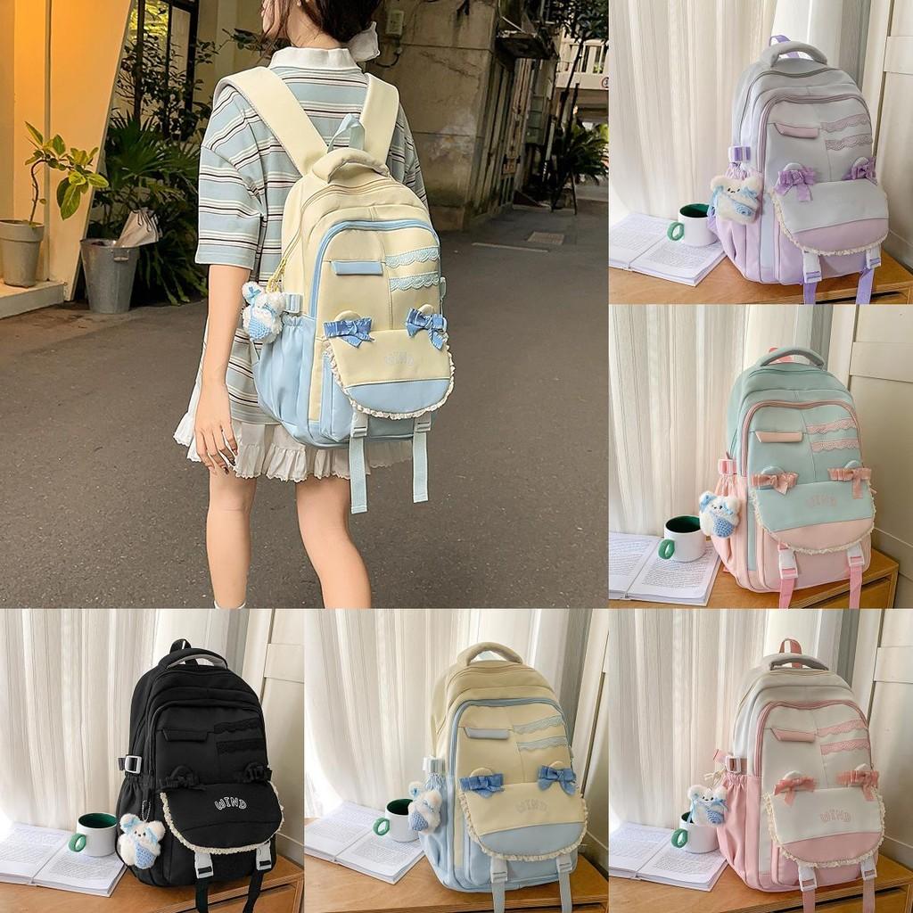 Unisex Nylon Bow Travel Backpack With Color Block Pattern And Compartment Laptop